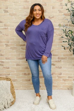 Long Sleeve Knit Top With Pocket In Denim Blue