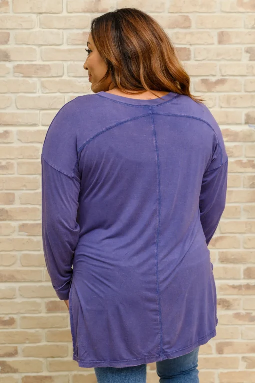 Long Sleeve Knit Top With Pocket In Denim Blue