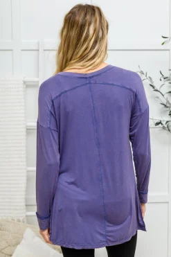 Long Sleeve Knit Top With Pocket In Denim Blue