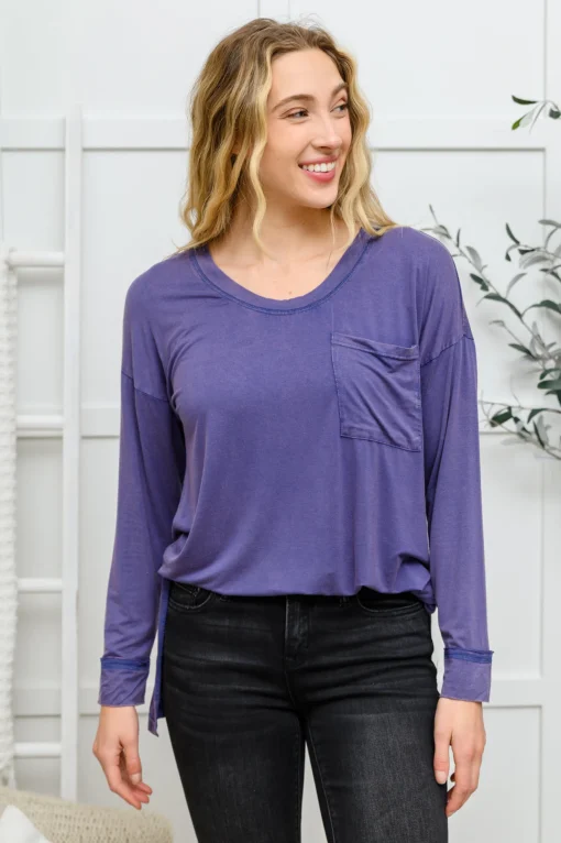 Long Sleeve Knit Top With Pocket In Denim Blue