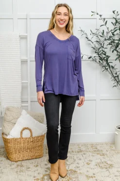 Long Sleeve Knit Top With Pocket In Denim Blue