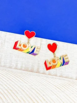 'LOVE' Enamel Heart Post Dangle Earrings