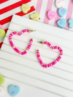 Maddie Rubber Disc Open Heart Hoop Earrings - Pink