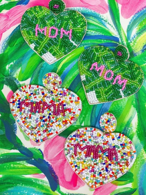 'Mama' Multi Seed Bead Heart Dangle Earrings