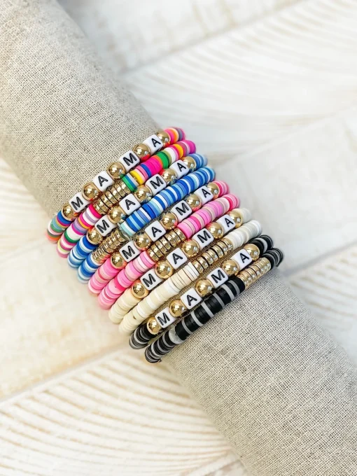 'Mama' Stretch Bracelet Set - White & Gold