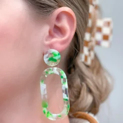 Marbled Acrylic Neon Oval Dangle Earrings - Green