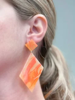 Marbled Angular Geometric Dangle Earrings - Orange