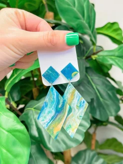 Marbled Angular Geometric Dangle Earrings - Blue