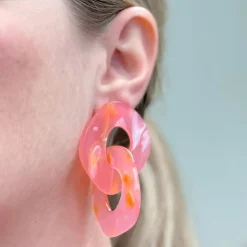 Marbled Linked Statement Dangle Earrings - Pink