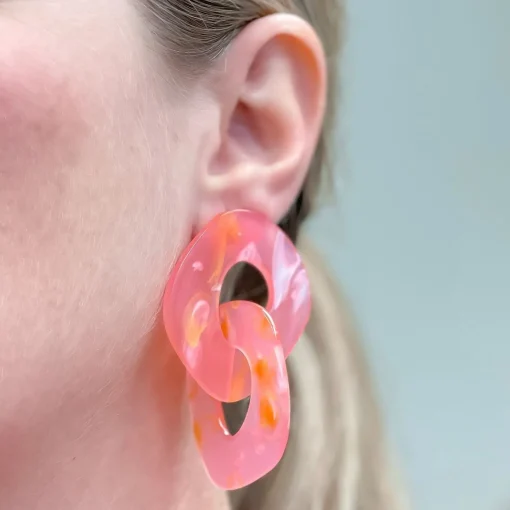 Marbled Linked Statement Dangle Earrings - Pink
