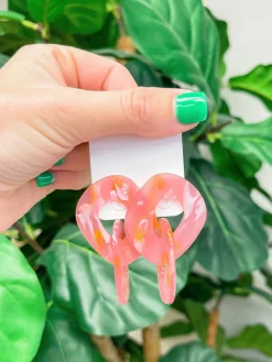 Marbled Linked Statement Dangle Earrings - Pink