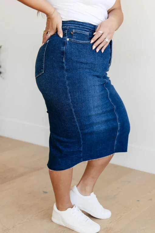 Marcy High Rise Denim Midi Skirt by Judy Blue