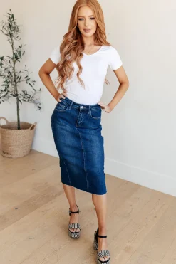 Marcy High Rise Denim Midi Skirt by Judy Blue