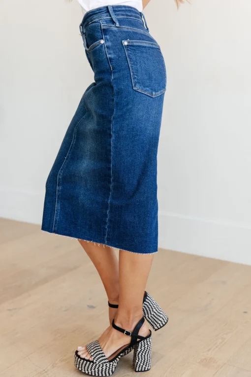 Marcy High Rise Denim Midi Skirt by Judy Blue
