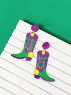 Mardi Gras Cowboy Boots Dangle Earrings