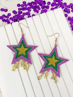 'Mardi Gras' Star Glitter Dangle Earrings