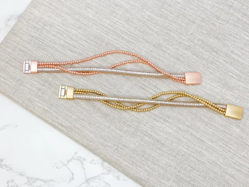 Matte Beaded Triple Strand Magnetic Bracelet - Rose Gold