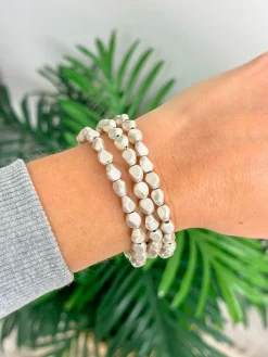 Matte Pebble Stretch Bracelet Stack - Silver