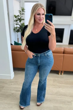 Miley High Waist Control Top Frayed Hem Flare Jeans by Judy Blue