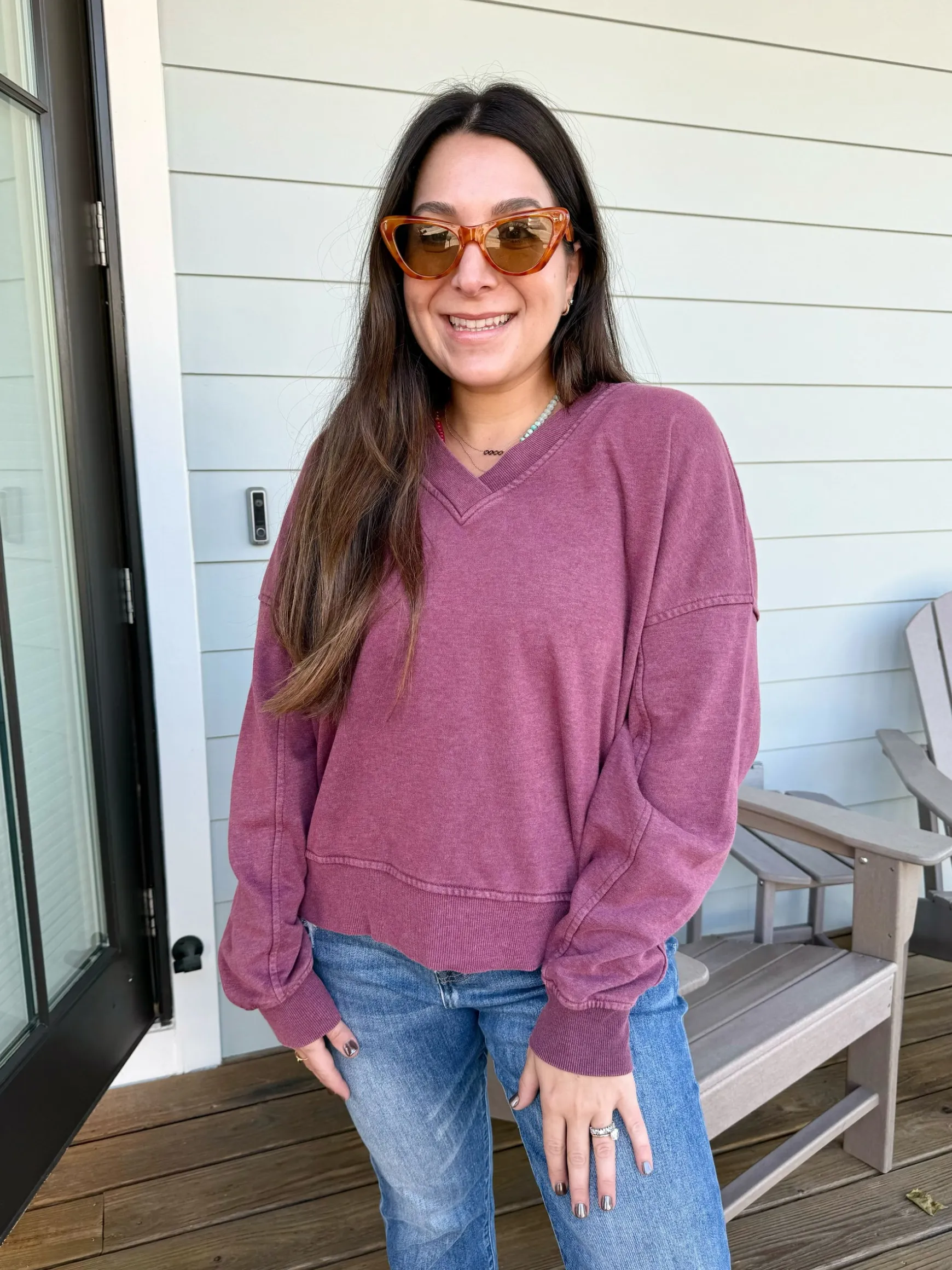 Mineral Wash V-Neck Sweatshirt by Rae Mode - Wine