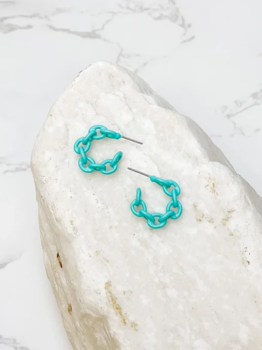 Mini Link Enamel Hoop Earrings - Turquoise