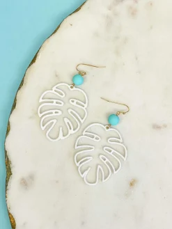 Monstera Color-Coated Outline Dangle Earrings - White
