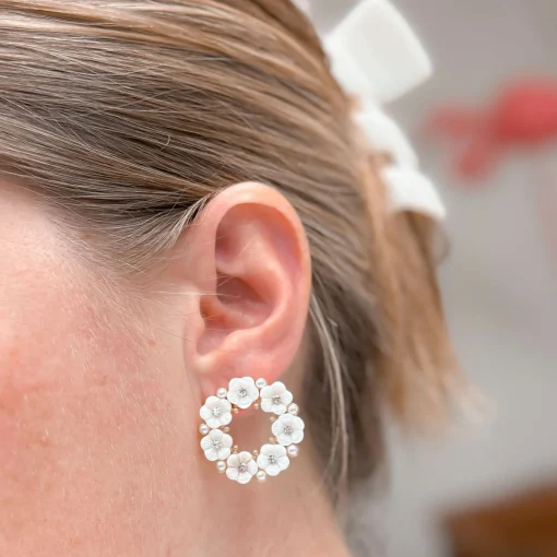 Mother of Pearl Flower Stud Earrings - Gold