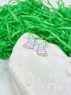 Multi Gingham Pearl Bunny Stud Earrings