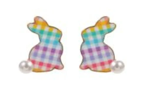 Multi Gingham Pearl Bunny Stud Earrings