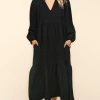 Notch Neck Babydoll Long Sleeve Maxi Dress - Black