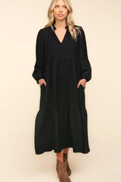 Notch Neck Babydoll Long Sleeve Maxi Dress - Black
