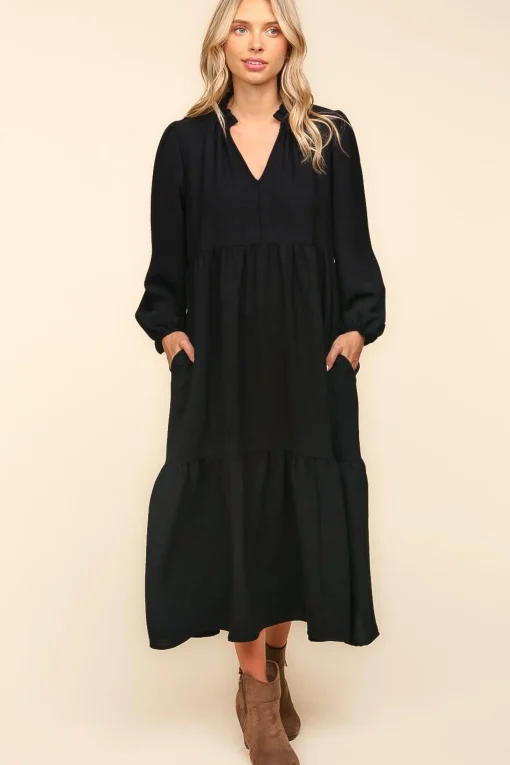 Notch Neck Babydoll Long Sleeve Maxi Dress - Black