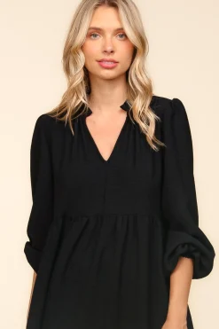 Notch Neck Babydoll Long Sleeve Maxi Dress - Black