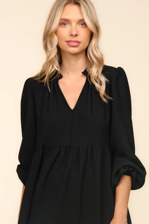 Notch Neck Babydoll Long Sleeve Maxi Dress - Black