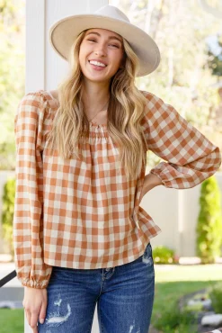 One Fine Afternoon Gingham Plaid Top In Caramel