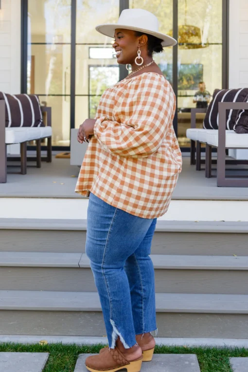 One Fine Afternoon Gingham Plaid Top In Caramel