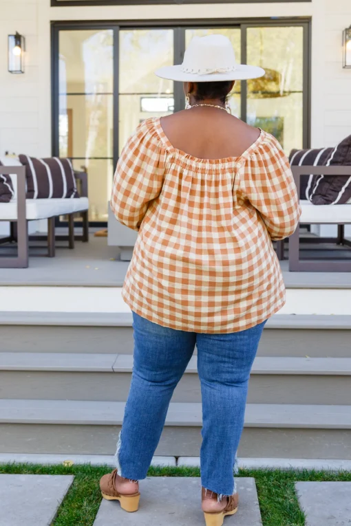 One Fine Afternoon Gingham Plaid Top In Caramel