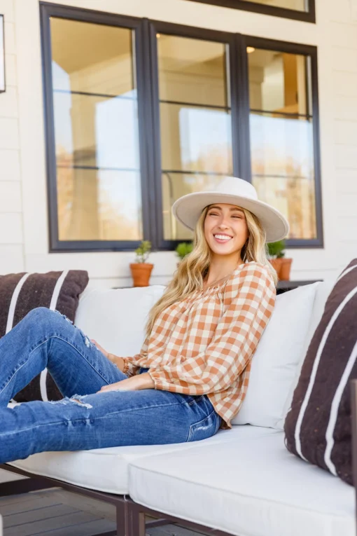 One Fine Afternoon Gingham Plaid Top In Caramel