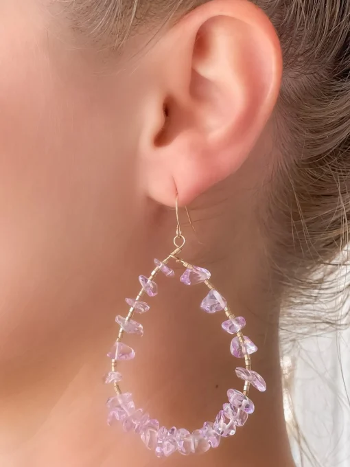 Oval Chip Beaded Earrings - Purple