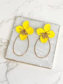 Oval Flower Statement Dangle Earrings - Yellow