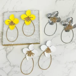 Oval Flower Statement Dangle Earrings - Yellow