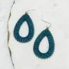 Oval Raffia Beaded Dangle Earrings - Teal