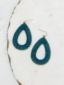 Oval Raffia Beaded Dangle Earrings - Teal