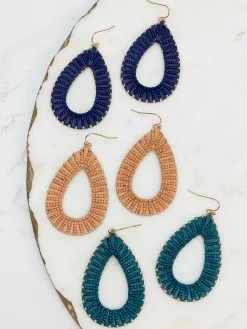 Oval Raffia Beaded Dangle Earrings - Teal