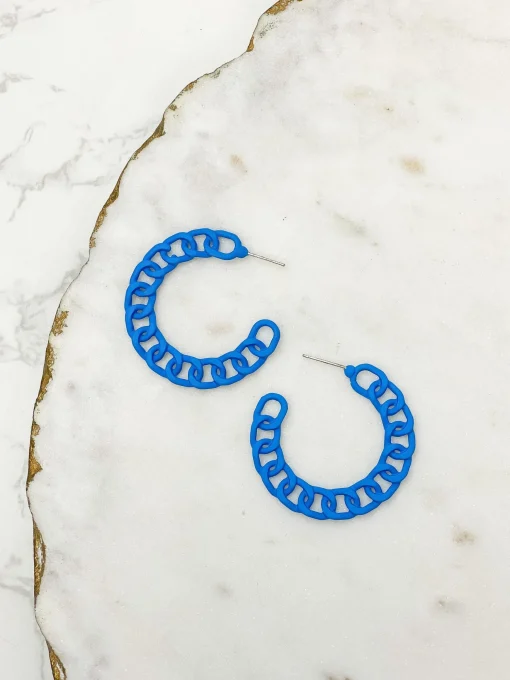 Painted Metal Chain Hoop Earrings - Blue