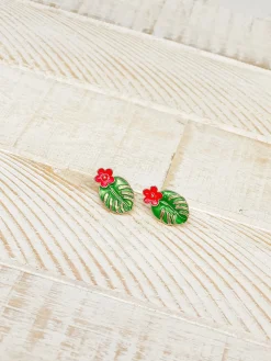 Palm Leaf & Hibiscus Stud Earrings