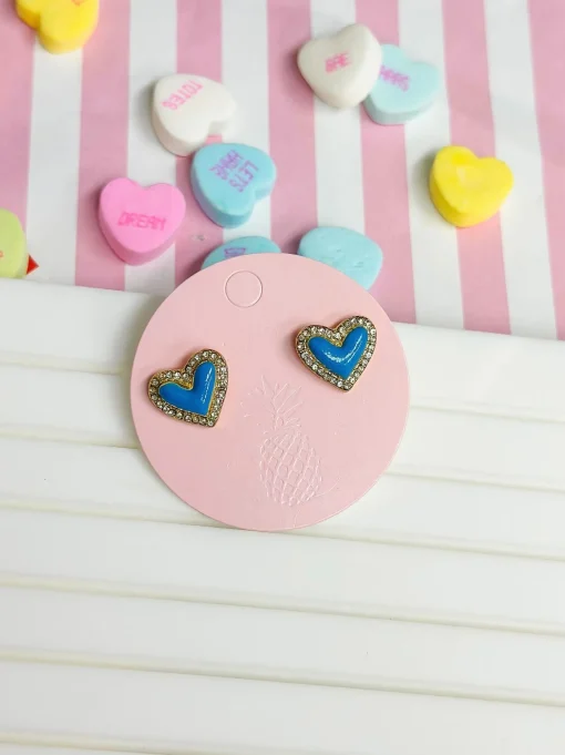 Pave Enamel Heart Stud Earrings - Aqua