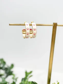 Paw Pattern Enamel Hoop Earrings - Ivory & Pink Paw