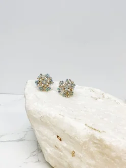 Pearl & Flower Cluster Post Earrings - Blue