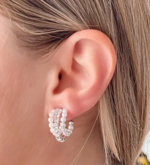 Pearl & Rhinestone Mini Hoop Earrings - Silver